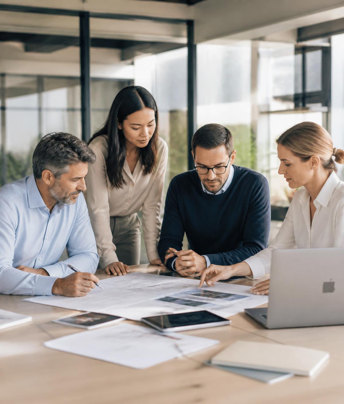Profesionales analizando planos e informes en una oficina
